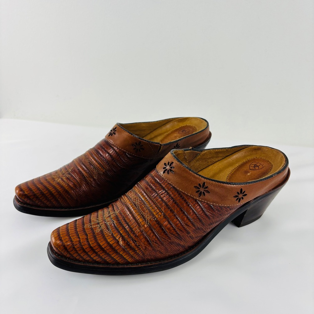 Ariat Brown Leather Lizard Print Western Mules Floral Embroidered Clogs 7.5B